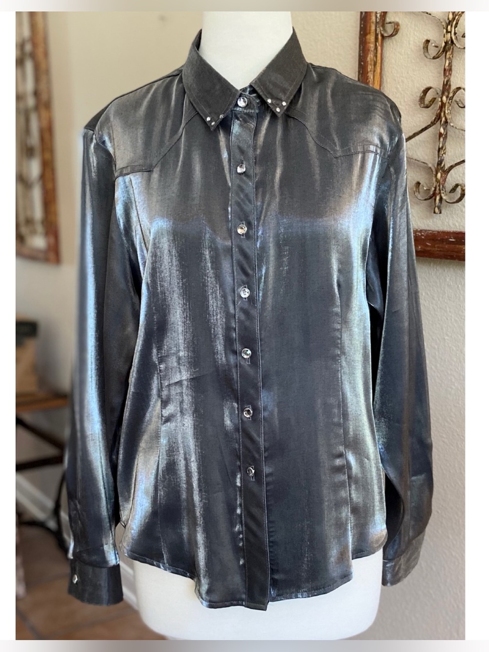 Top - Shirt - Western Cowgirl - Button Down - Metallic Gunmetal Silver - Glitz